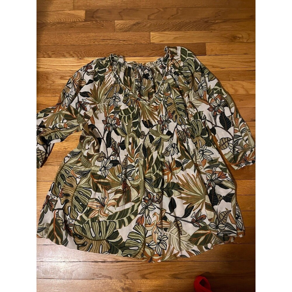 Ninety Clothing Women’s Plus 2X Multicolor Tropical Floral Blouse 3/4 Sleeve